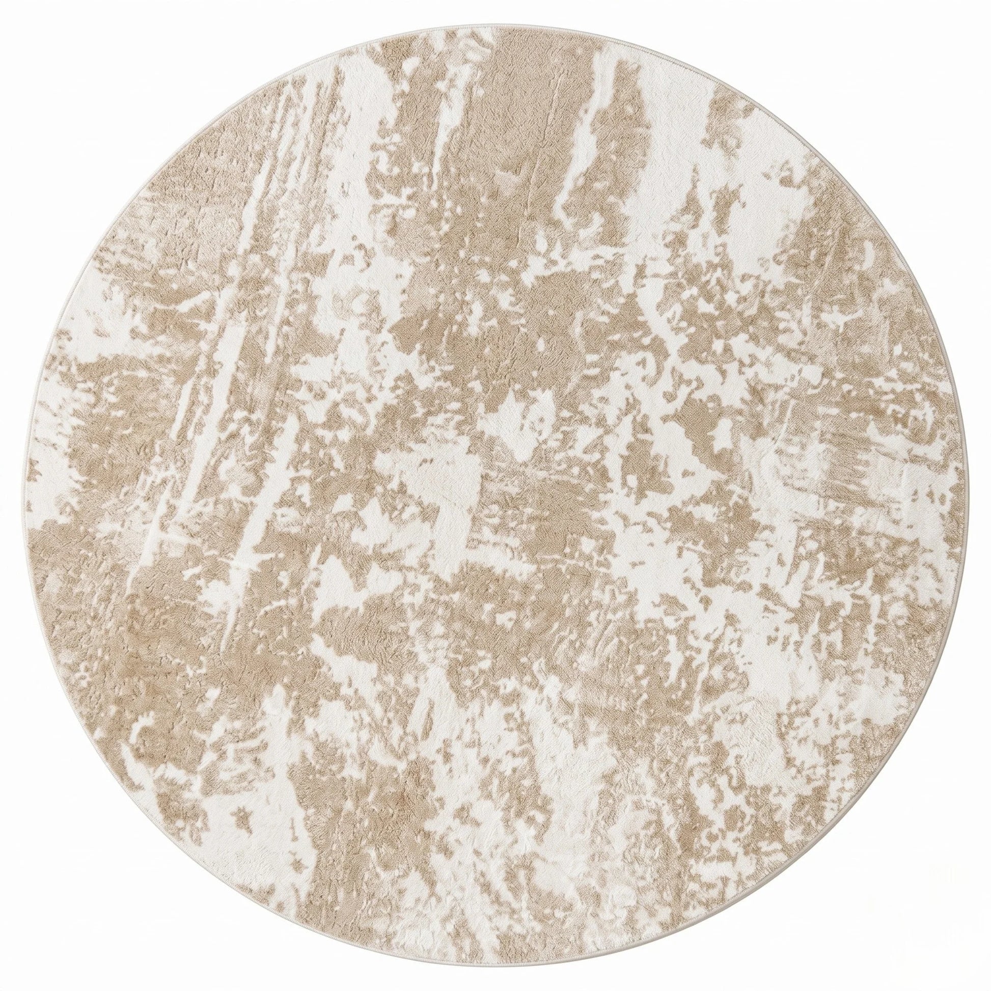 Vue studio du tapis rond beige minimaliste marbré en polyester Wilton