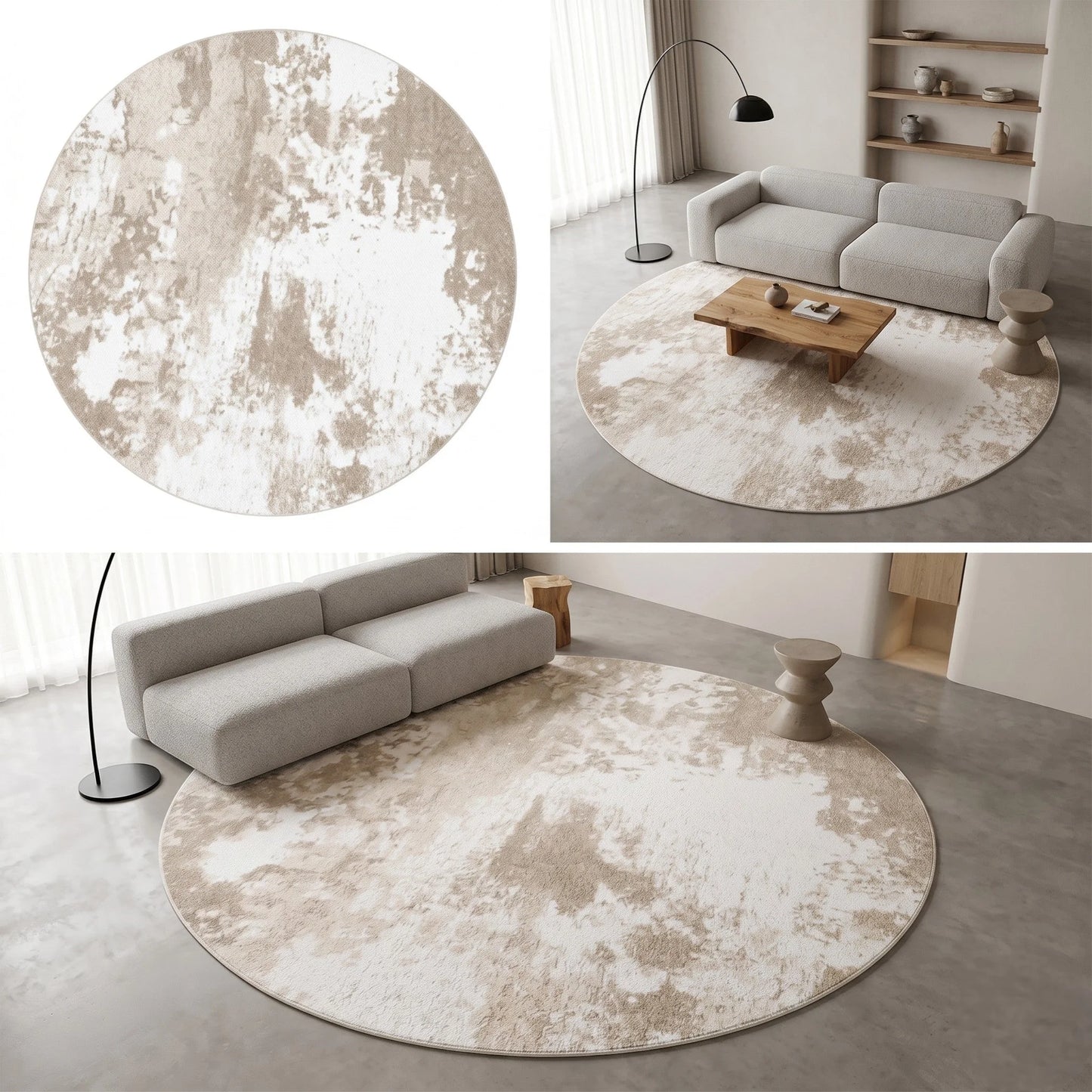 Rendu naturel du tapis rond beige minimaliste nuages en lumière du jour