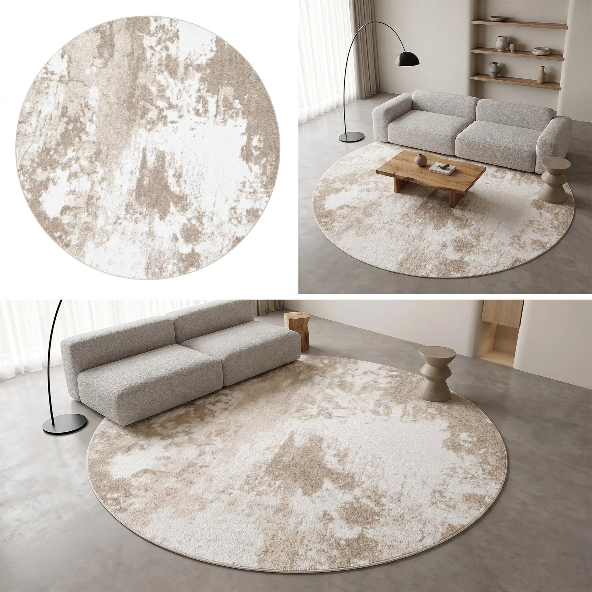 Rendu naturel du tapis rond beige minimaliste nuages en lumière du jour