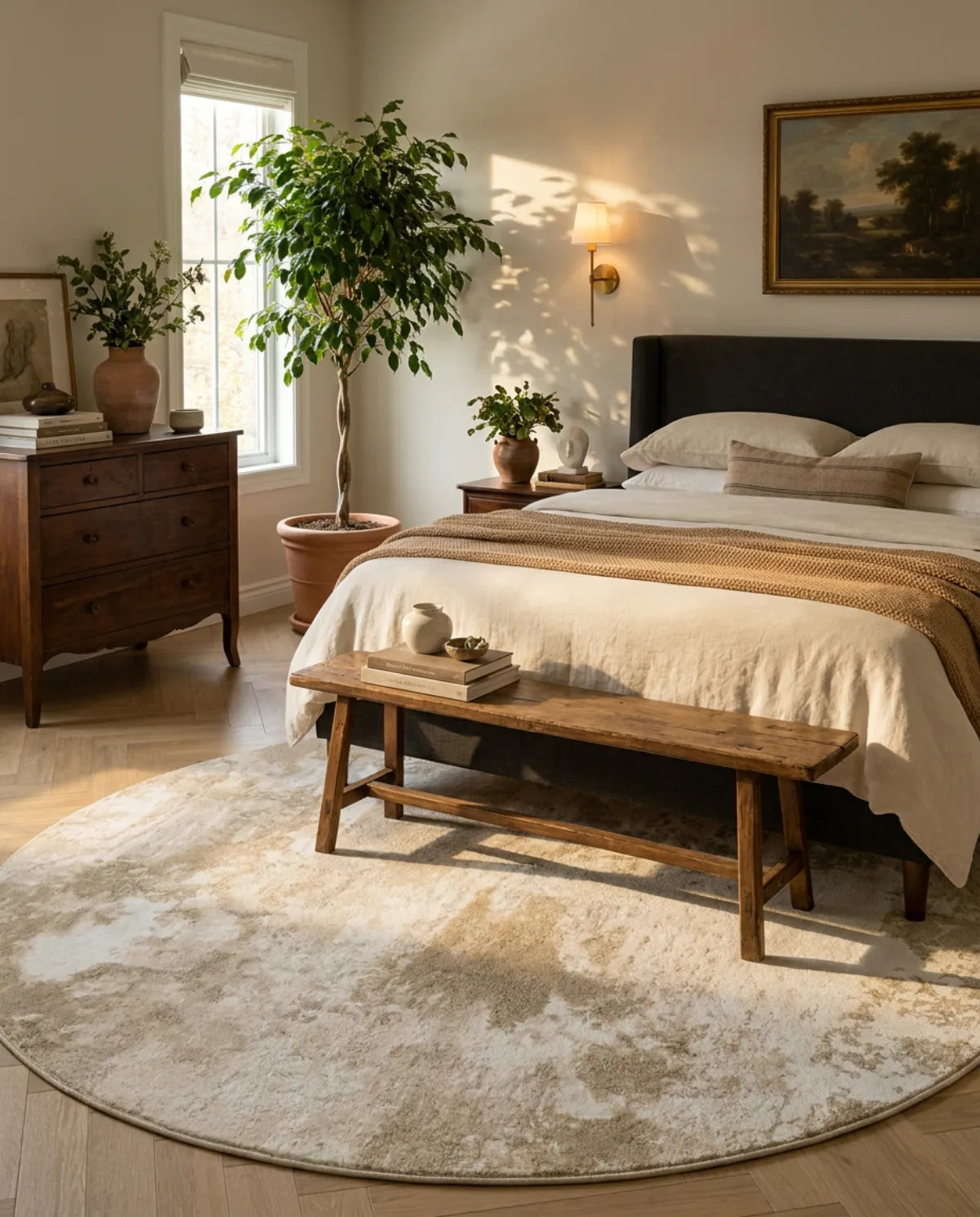 Tapis rond beige minimaliste nuages dépassant sous le lit, banc en bois posé dessus