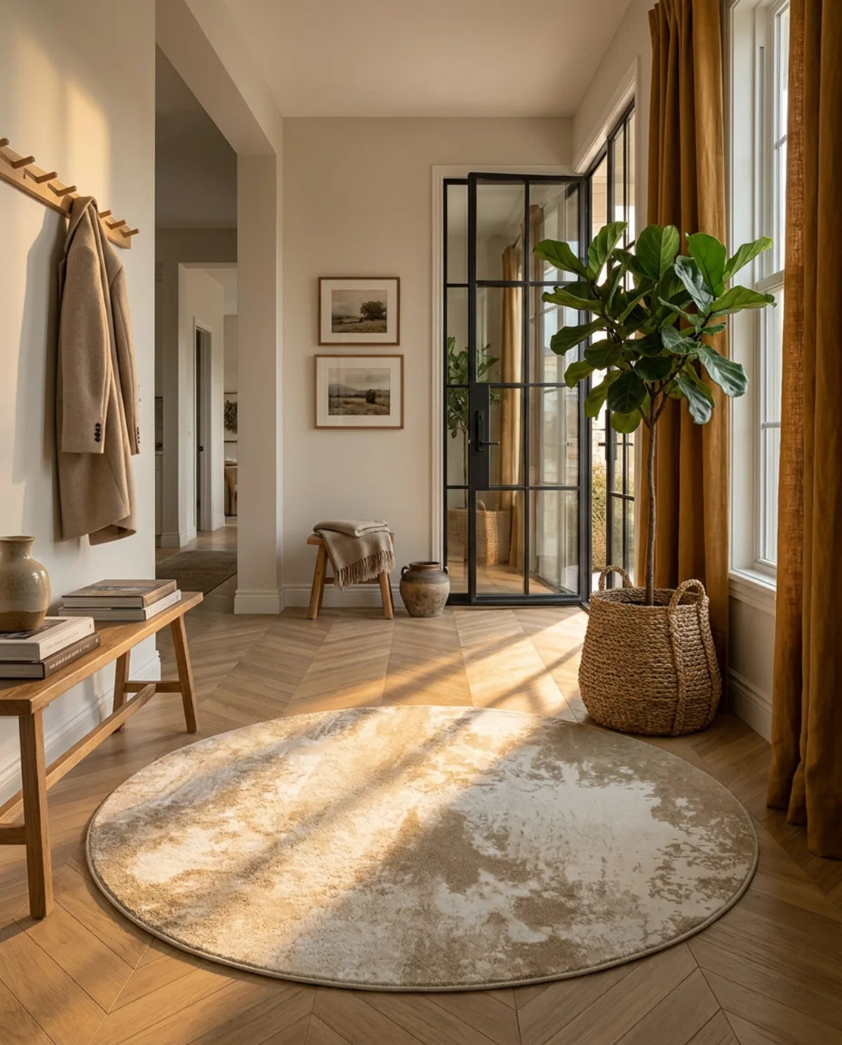 Tapis rond beige minimaliste nuages dans une entrée au soleil, devant une porte vitrée