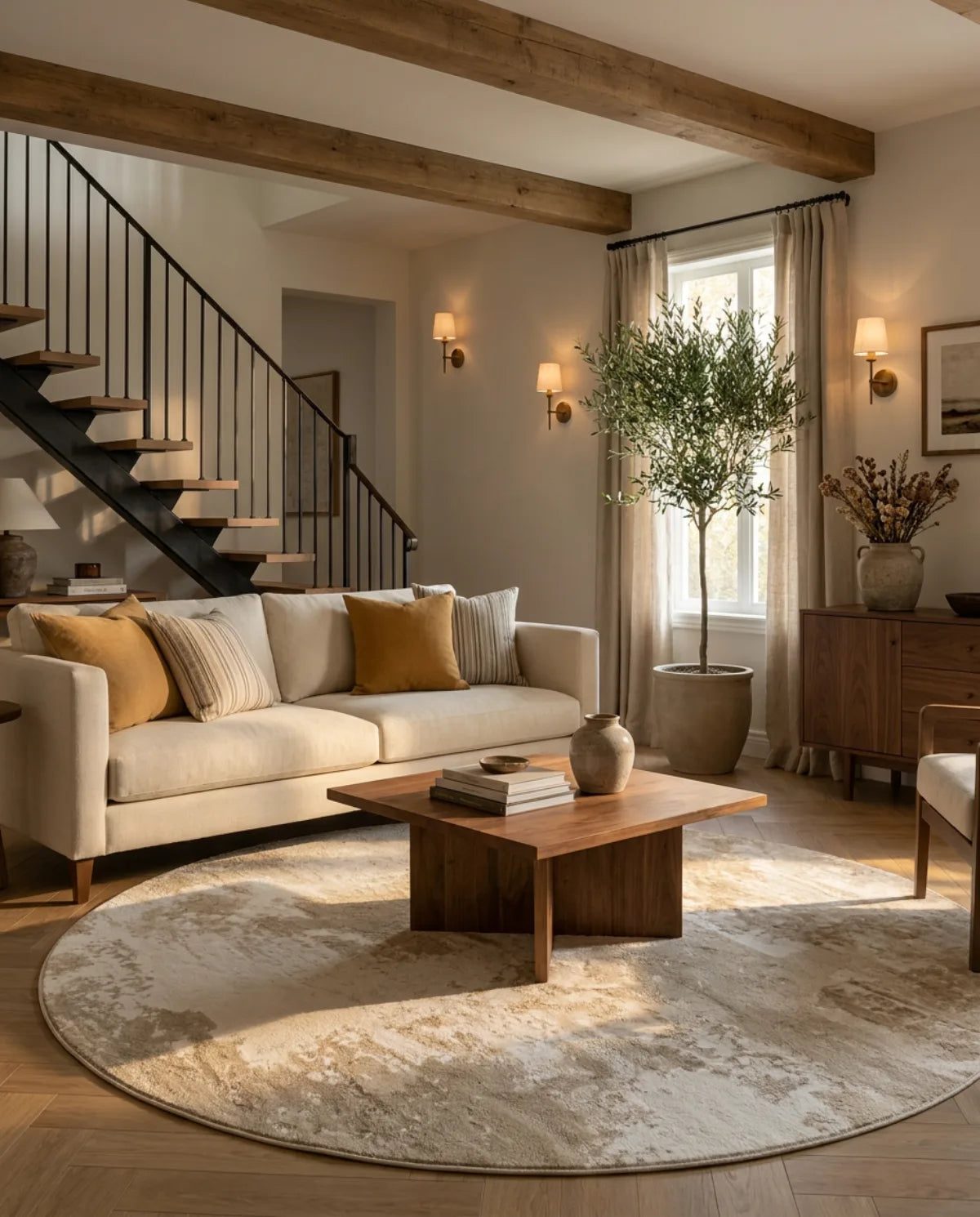 Tapis rond beige minimaliste nuages sous une table basse en bois, dans un grand salon avec escalier