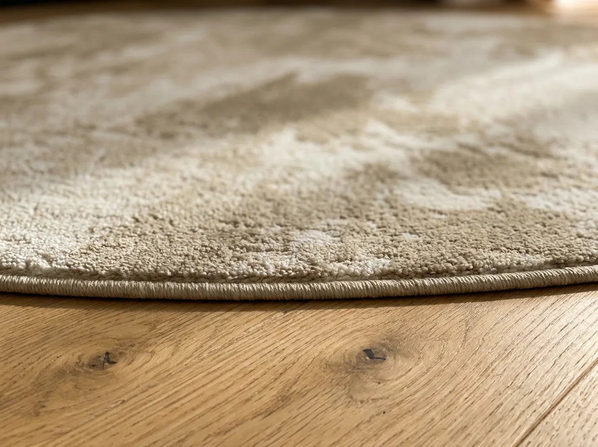 Tranche du tapis rond beige minimaliste nuages montrant l'épaisseur du tissage