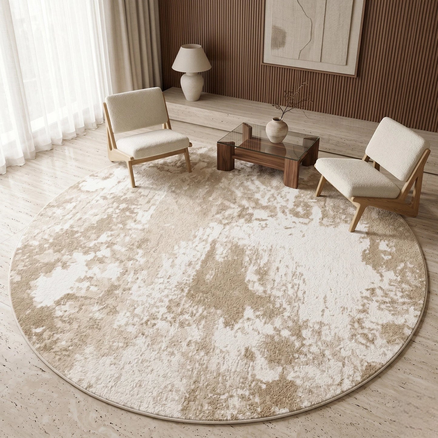 Vue d'angle du tapis rond beige minimaliste nuages