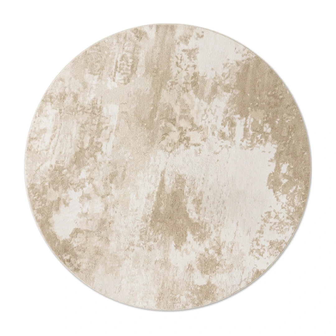 Tapis rond beige minimaliste nuages, vue de dessus sur fond blanc