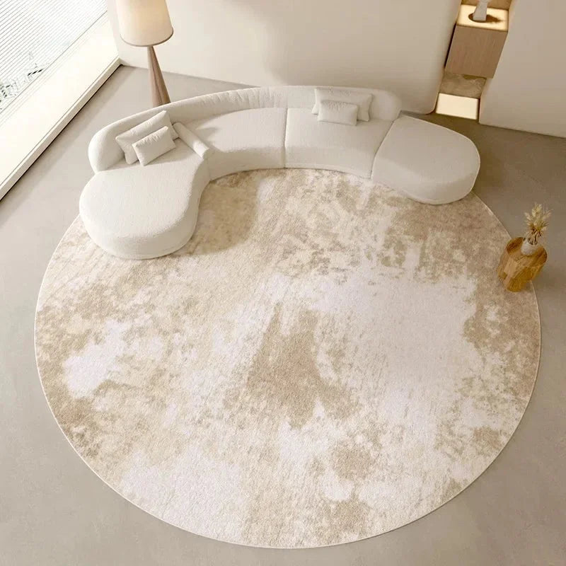 Rendu final du tapis rond beige minimaliste nuages sous canapé bouclé crème
