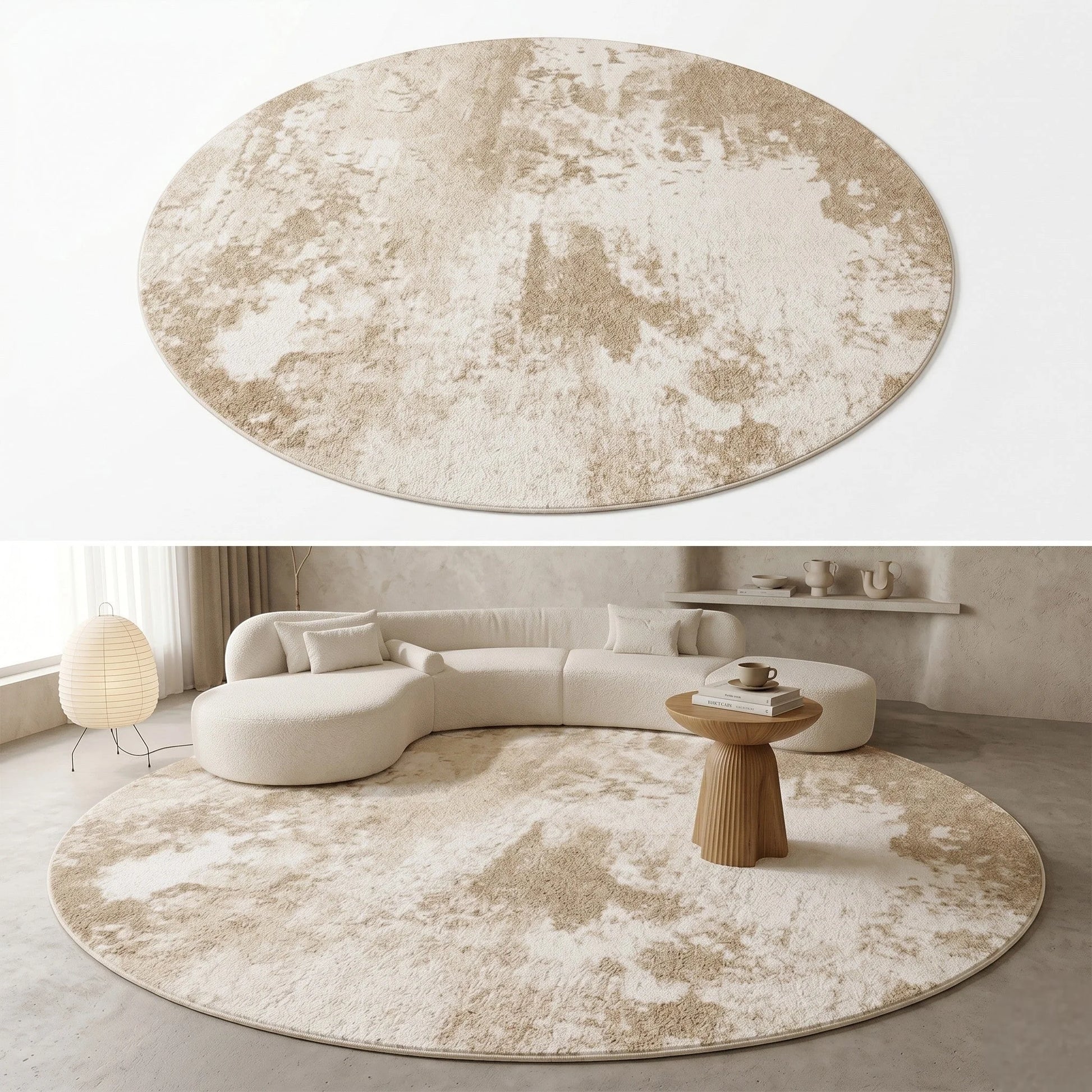 Vue zoomée du contraste des nuages du tapis rond beige minimaliste nuages