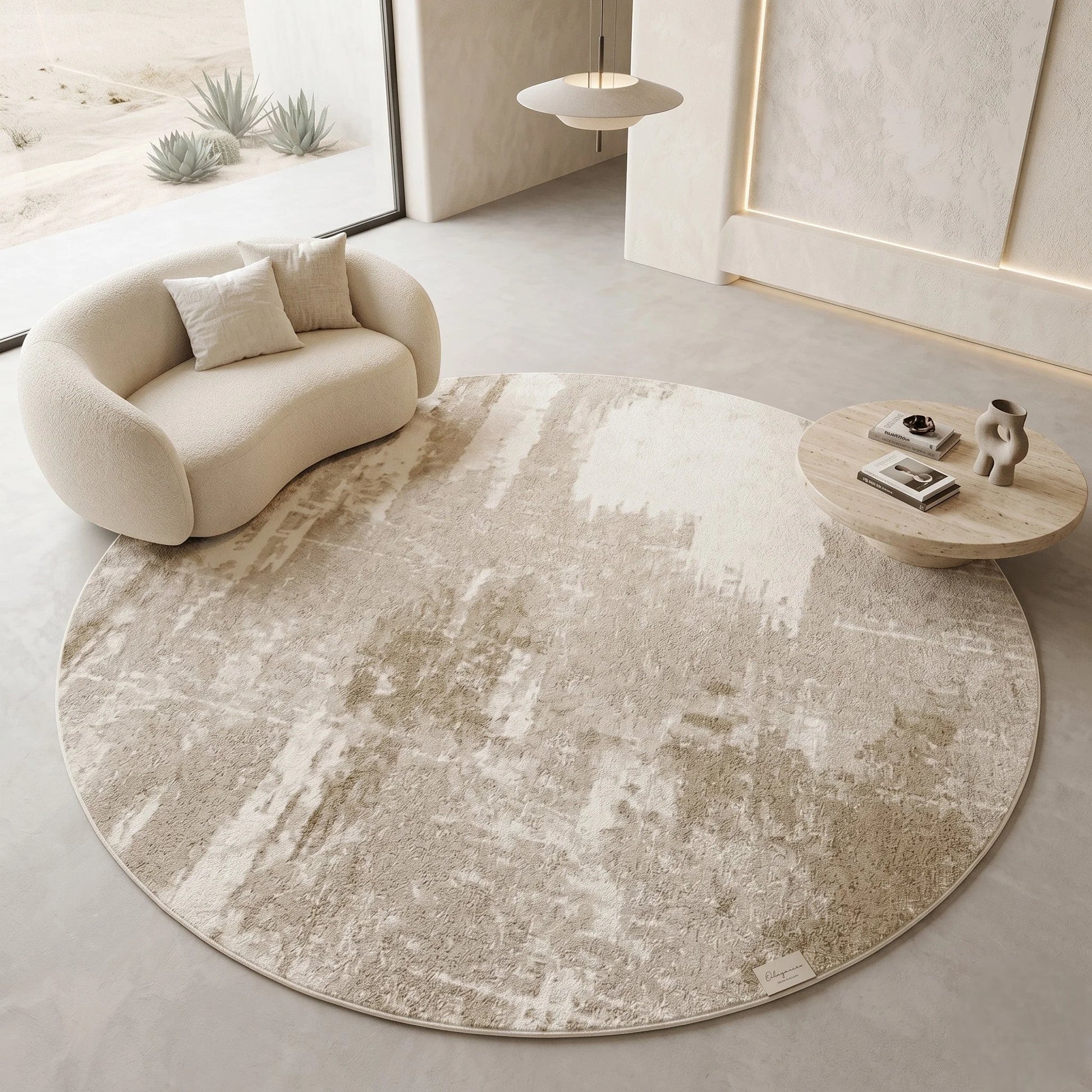 Rendu naturel du tapis rond beige minimaliste taches en lumière du jour