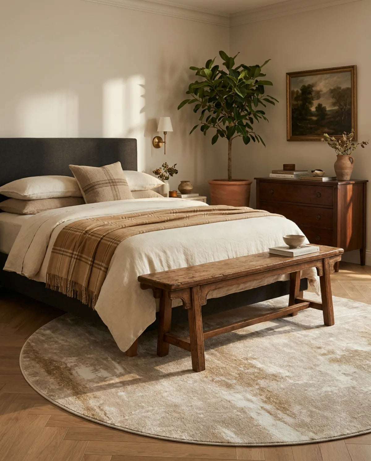 Tapis rond beige minimaliste taches dépassant sous le lit, banc en bois posé dessus