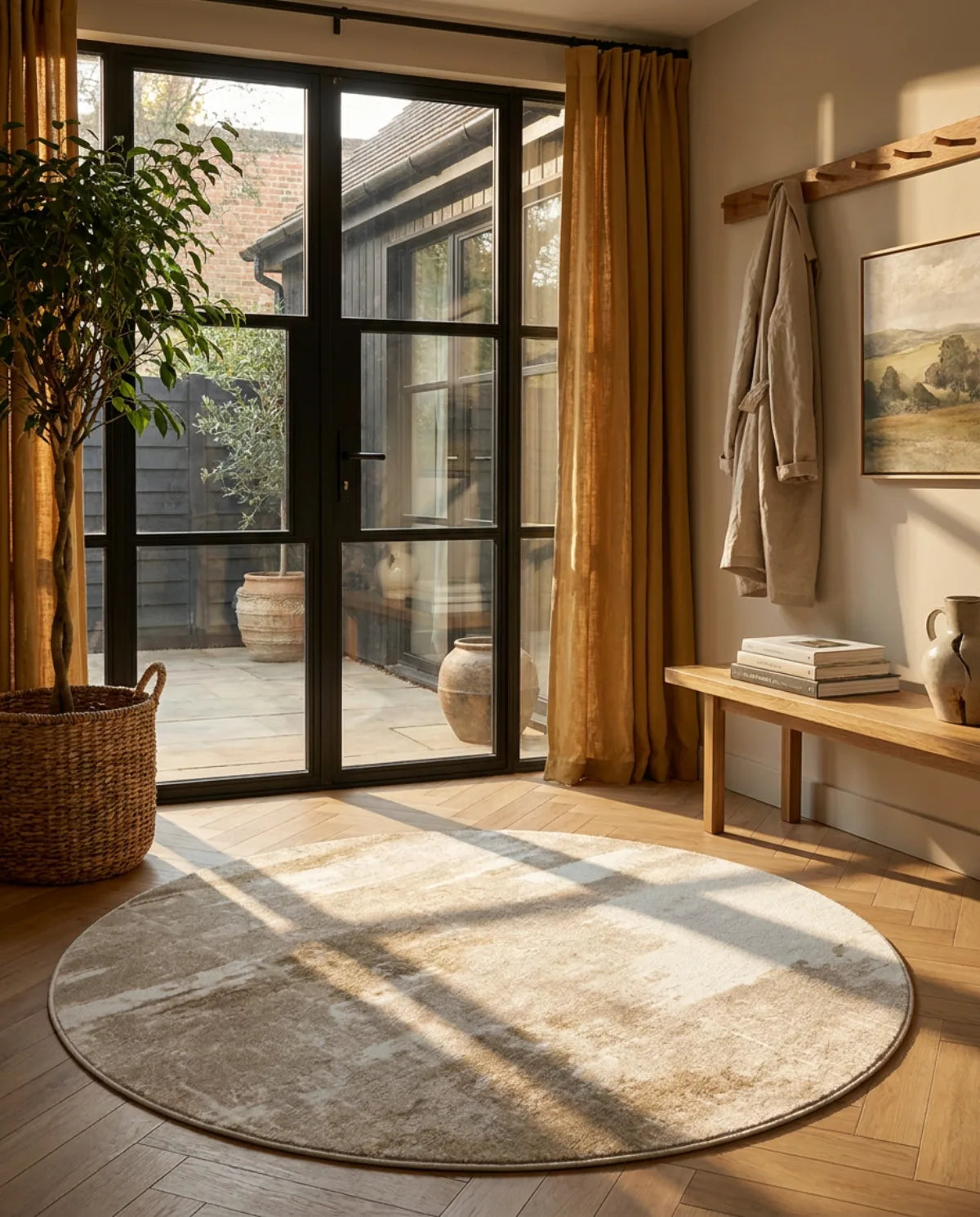 Tapis rond beige minimaliste taches dans une entrée au soleil, devant une porte vitrée