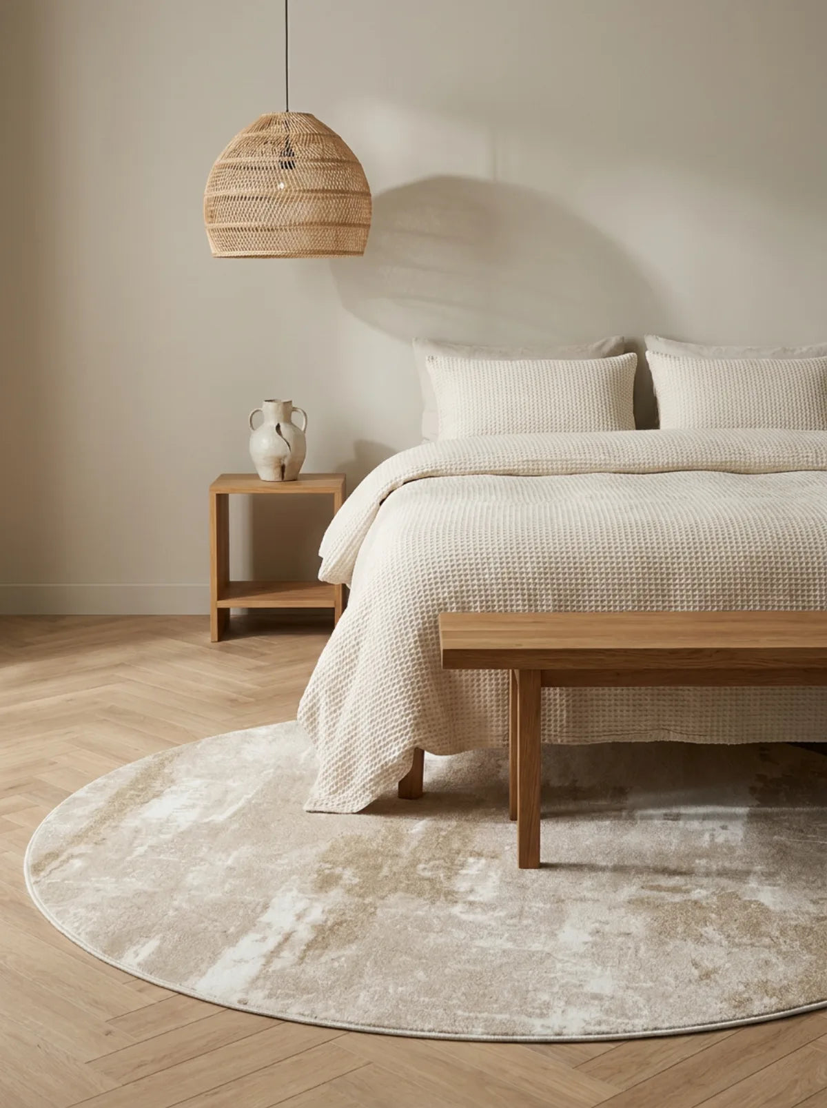 Tapis rond beige minimaliste taches dans une chambre lumineuse