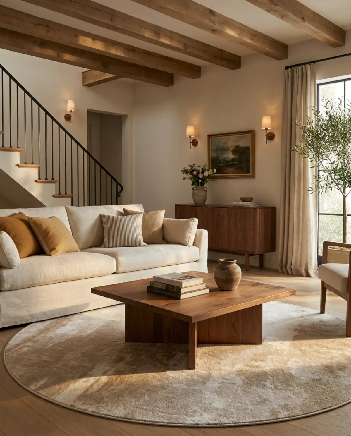 Tapis rond beige minimaliste taches sous une table basse en bois, dans un grand salon avec escalier