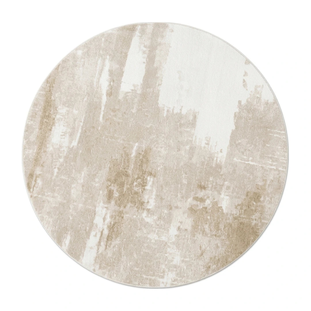 Tapis rond beige minimaliste taches, vue de dessus sur fond blanc