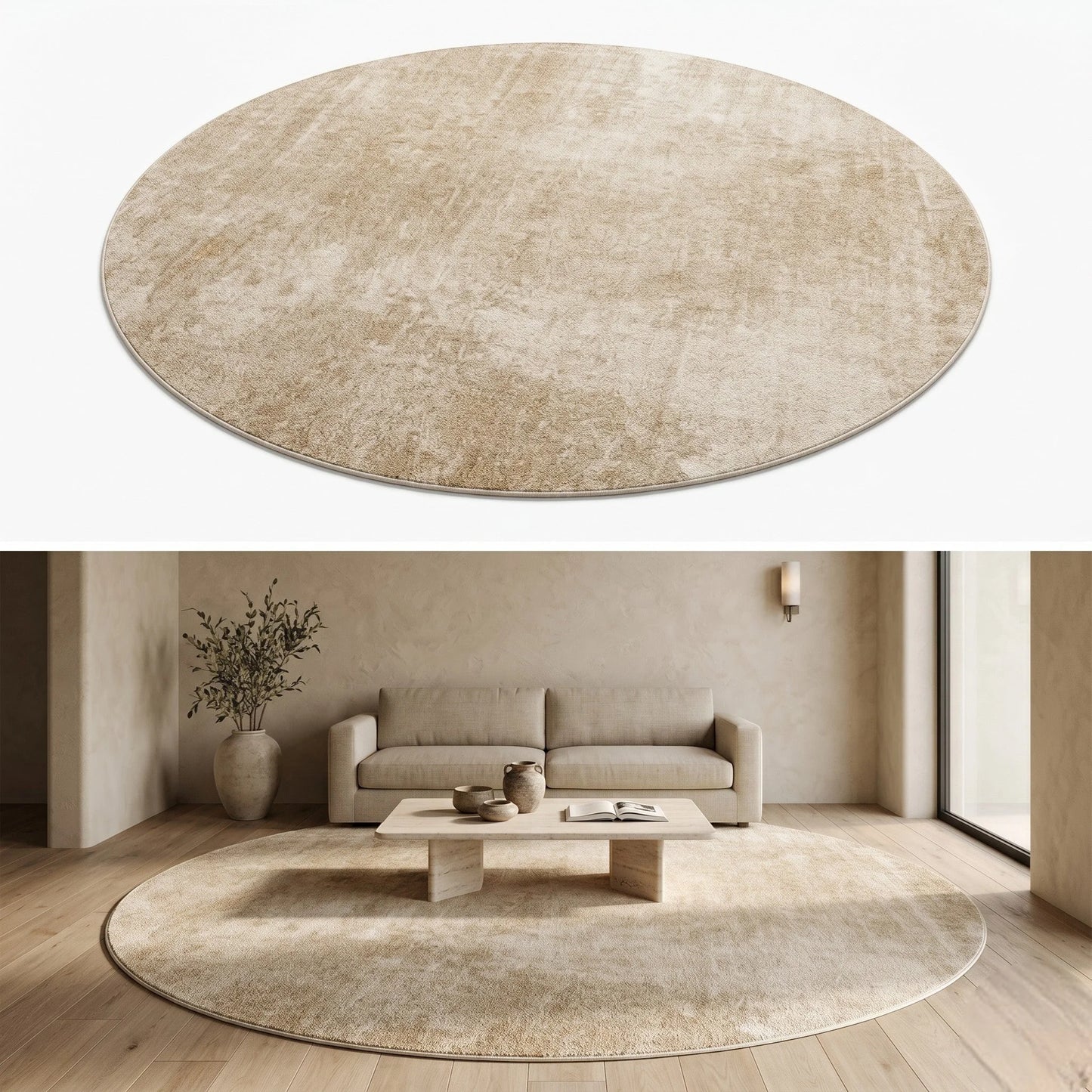 Rendu naturel du tapis rond beige minimaliste uni en lumière du jour