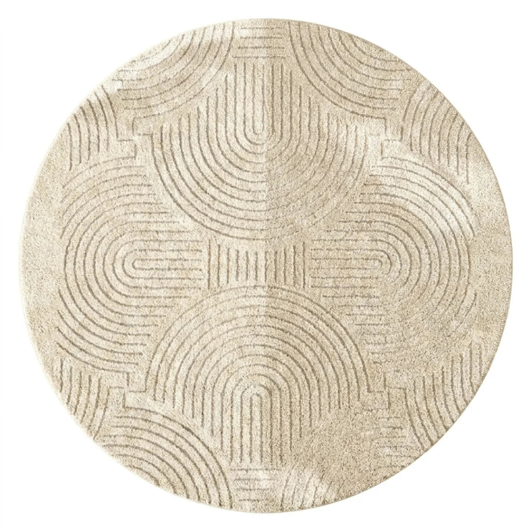 Tapis rond beige motif arches concentriques, vue de dessus sur fond blanc