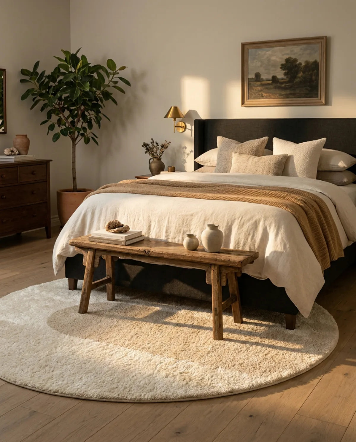 Tapis rond beige motif demi-cercle dépassant sous le lit, banc en bois posé dessus
