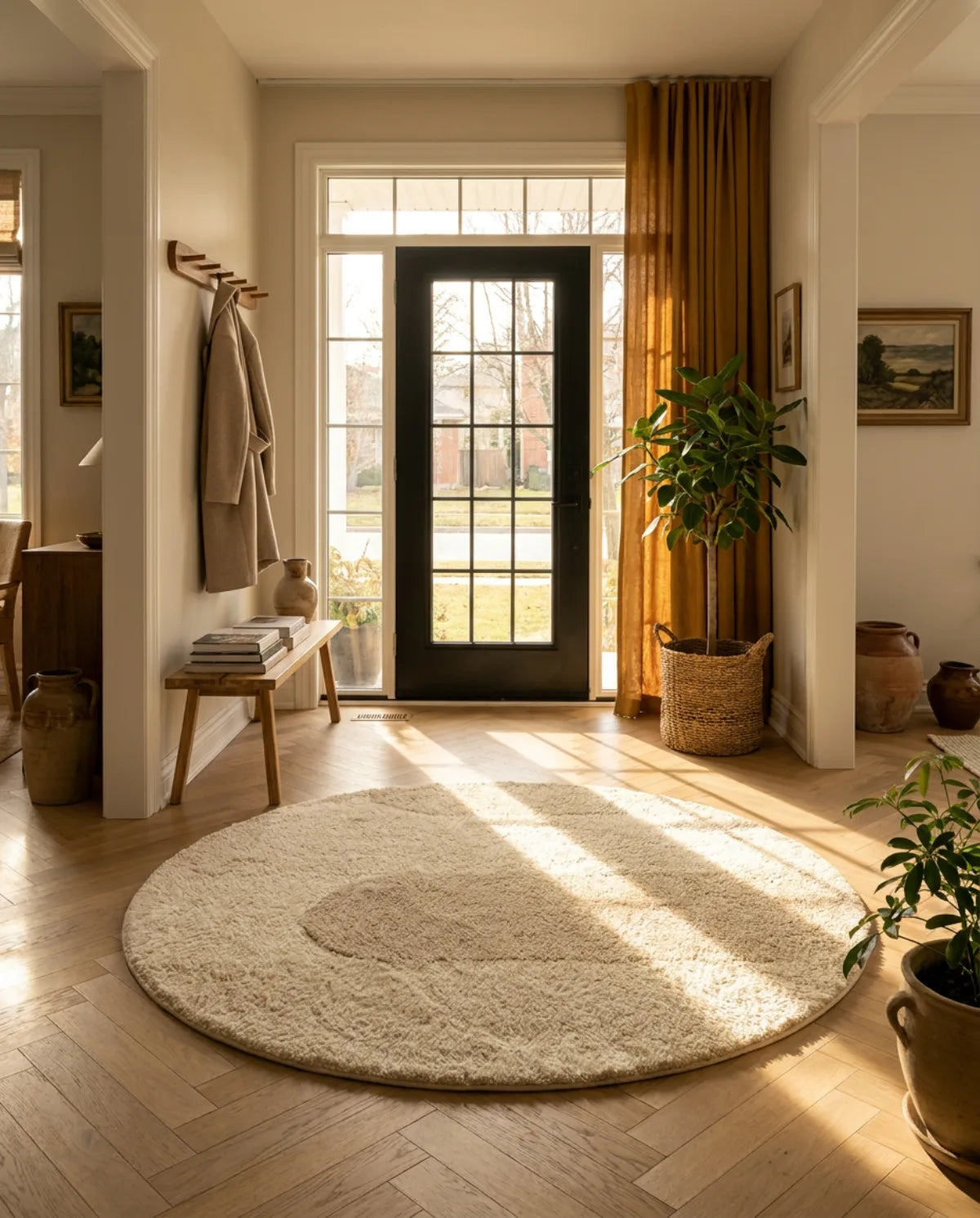 Tapis rond beige motif demi-cercle dans une entrée au soleil, devant une porte vitrée