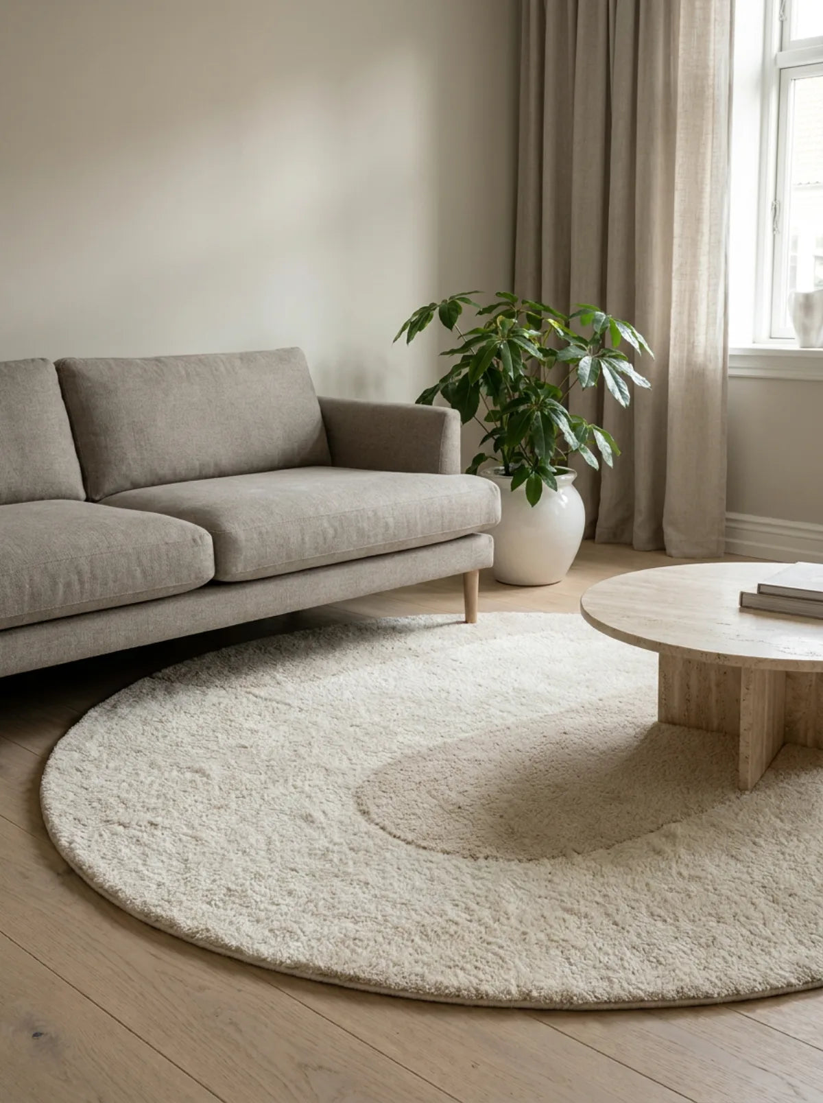Tapis rond beige motif demi-cercle dans un salon épuré