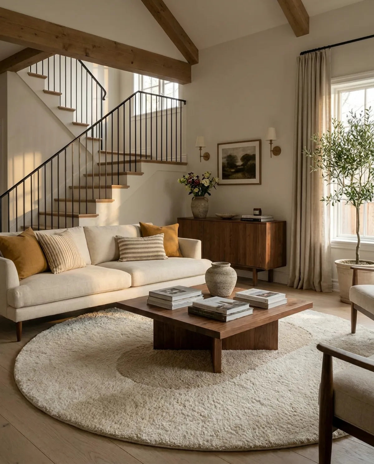 Tapis rond beige motif demi-cercle sous une table basse en bois, dans un grand salon avec escalier