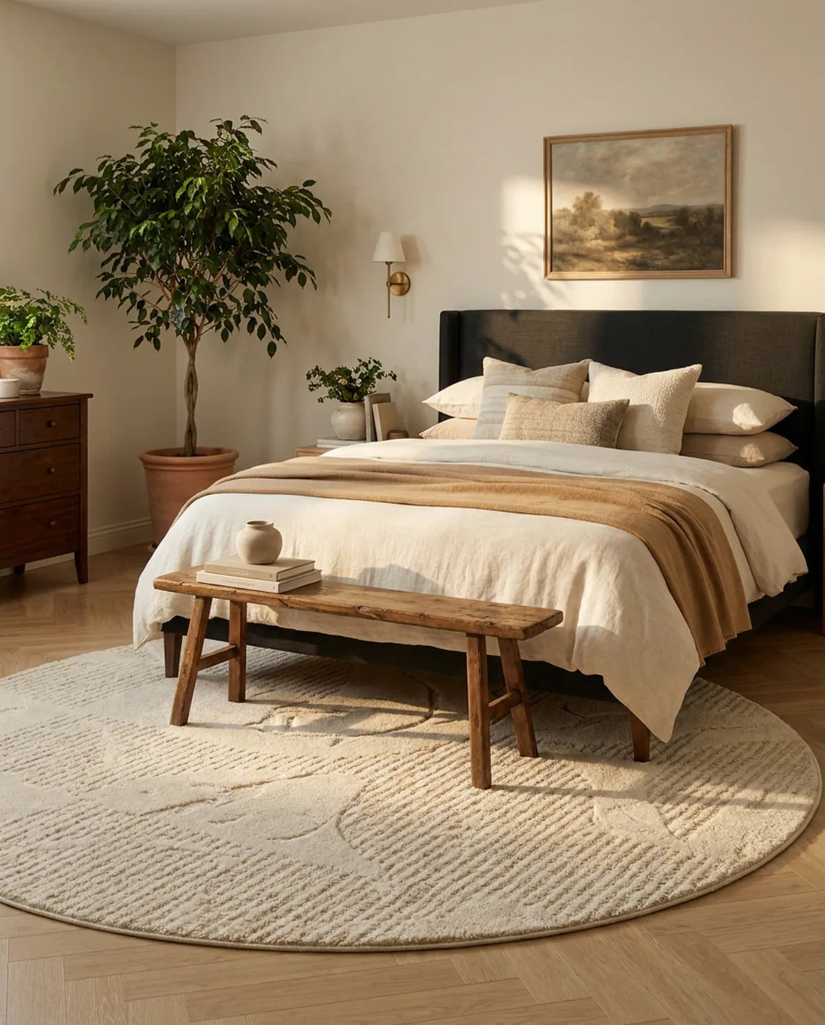 Tapis rond beige motif vagues dépassant sous le lit, banc en bois posé dessus