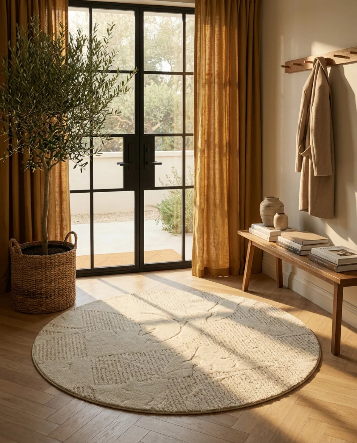 Tapis rond beige motif vagues dans une entrée au soleil, devant une porte vitrée