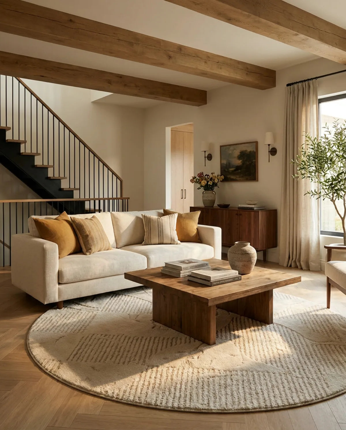 Tapis rond beige motif vagues sous une table basse en bois, dans un grand salon avec escalier