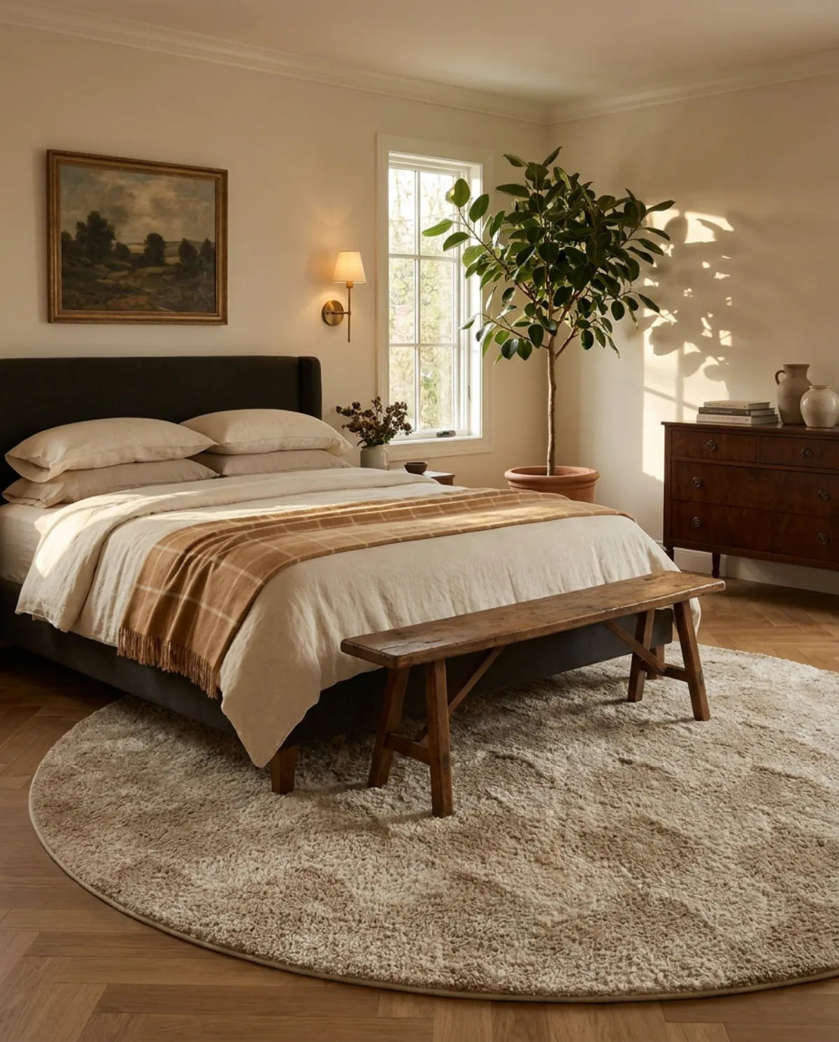 Tapis rond beige patchwork de diamants dépassant sous le lit, banc en bois posé dessus