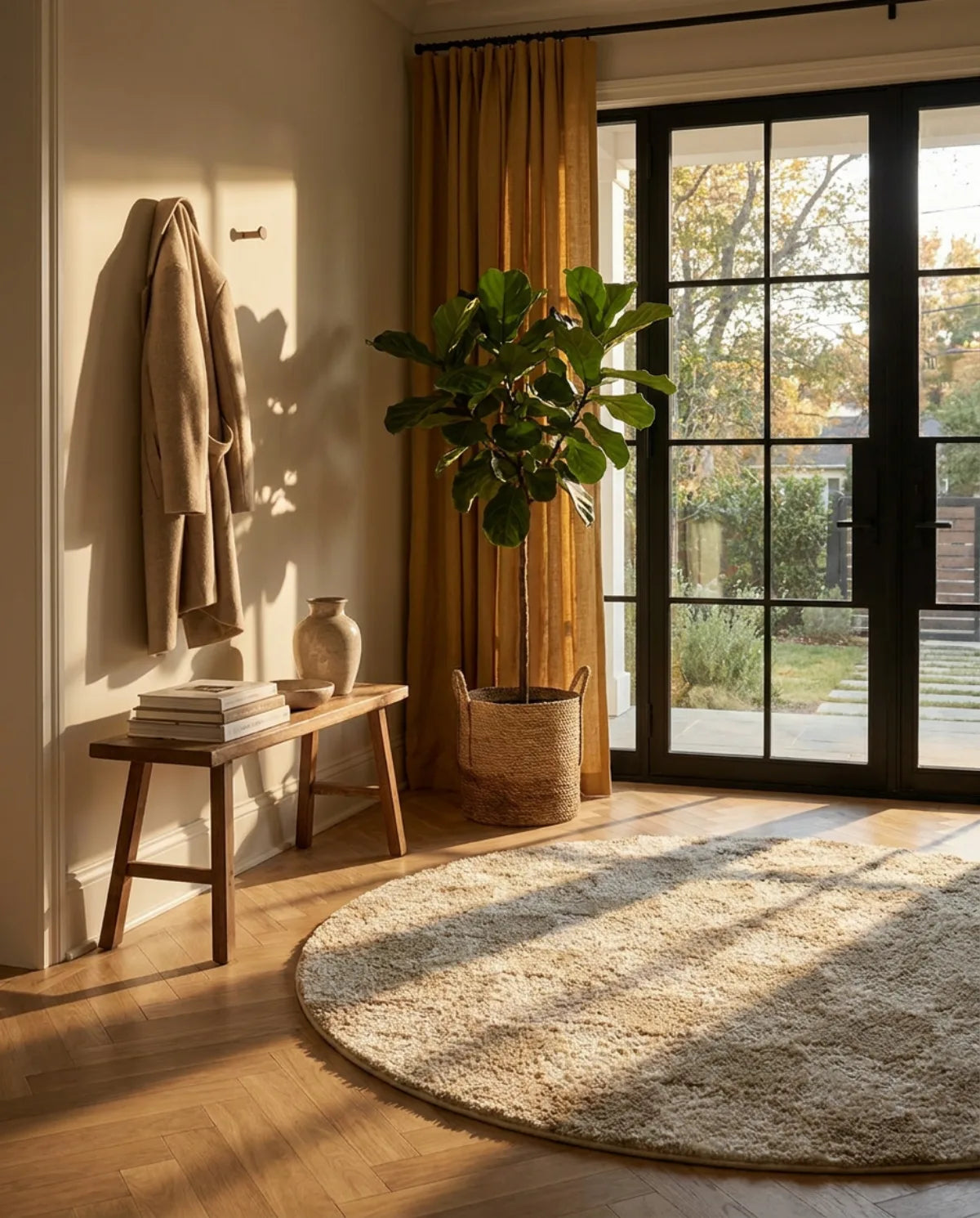 Tapis rond beige patchwork de diamants dans une entrée au soleil, devant une porte vitrée