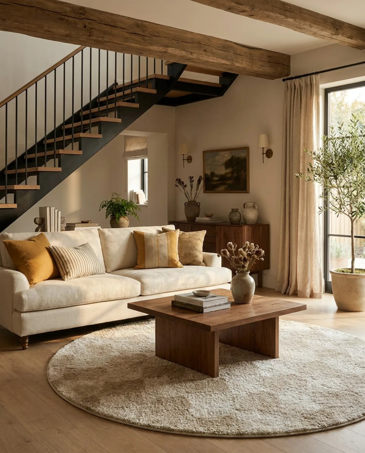 Tapis rond beige patchwork de diamants sous une table basse en bois, dans un grand salon avec escalier