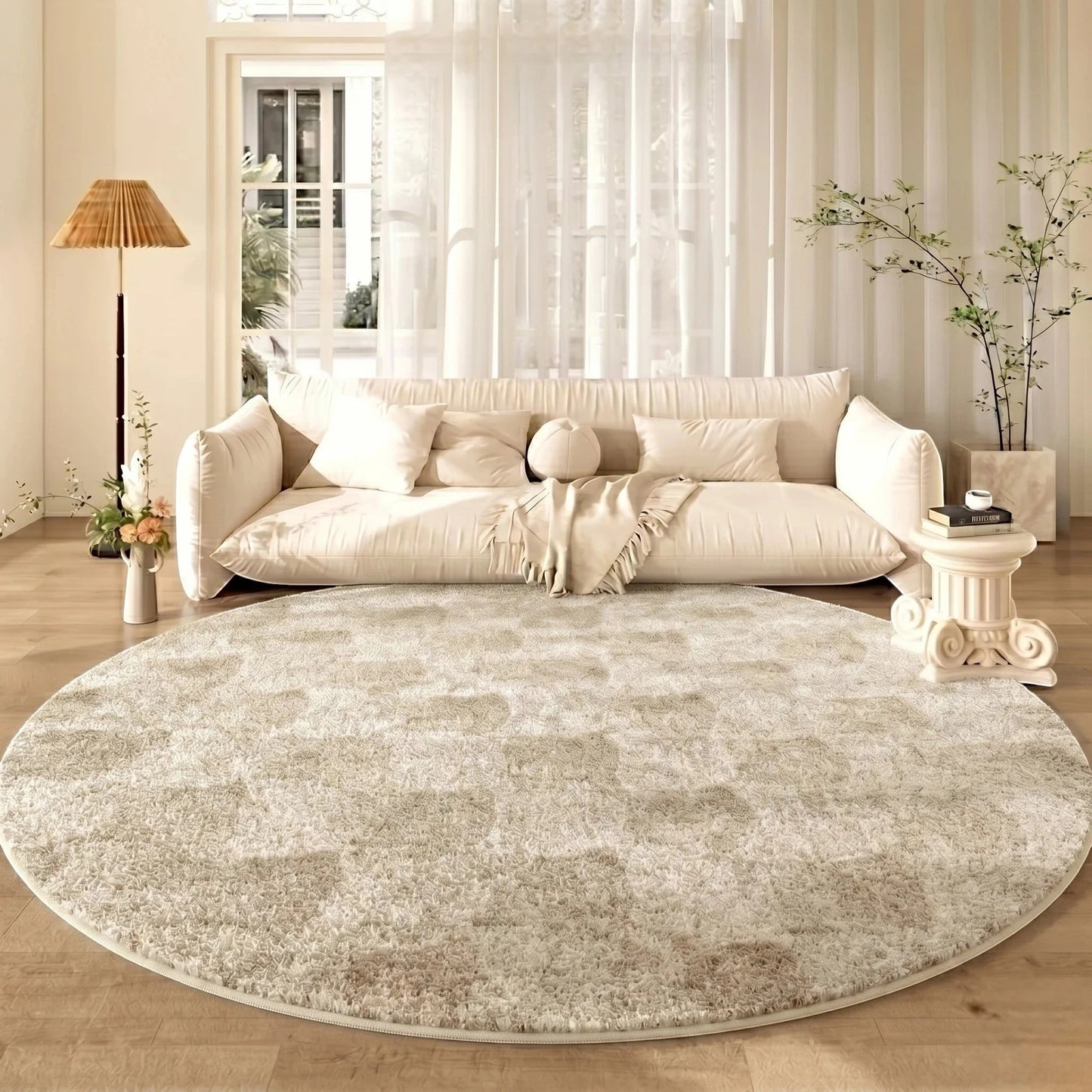 Tapis rond beige patchwork de diamants en polyester dense pour délimiter un coin lecture