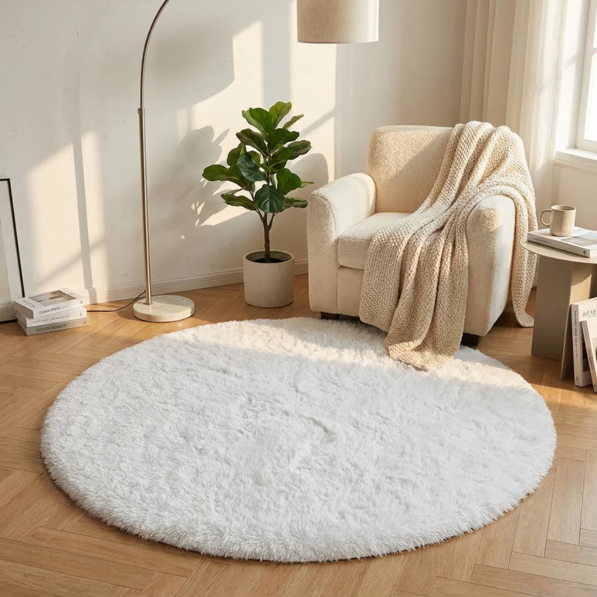 Tapis rond blanc poil long posé dans un coin lecture