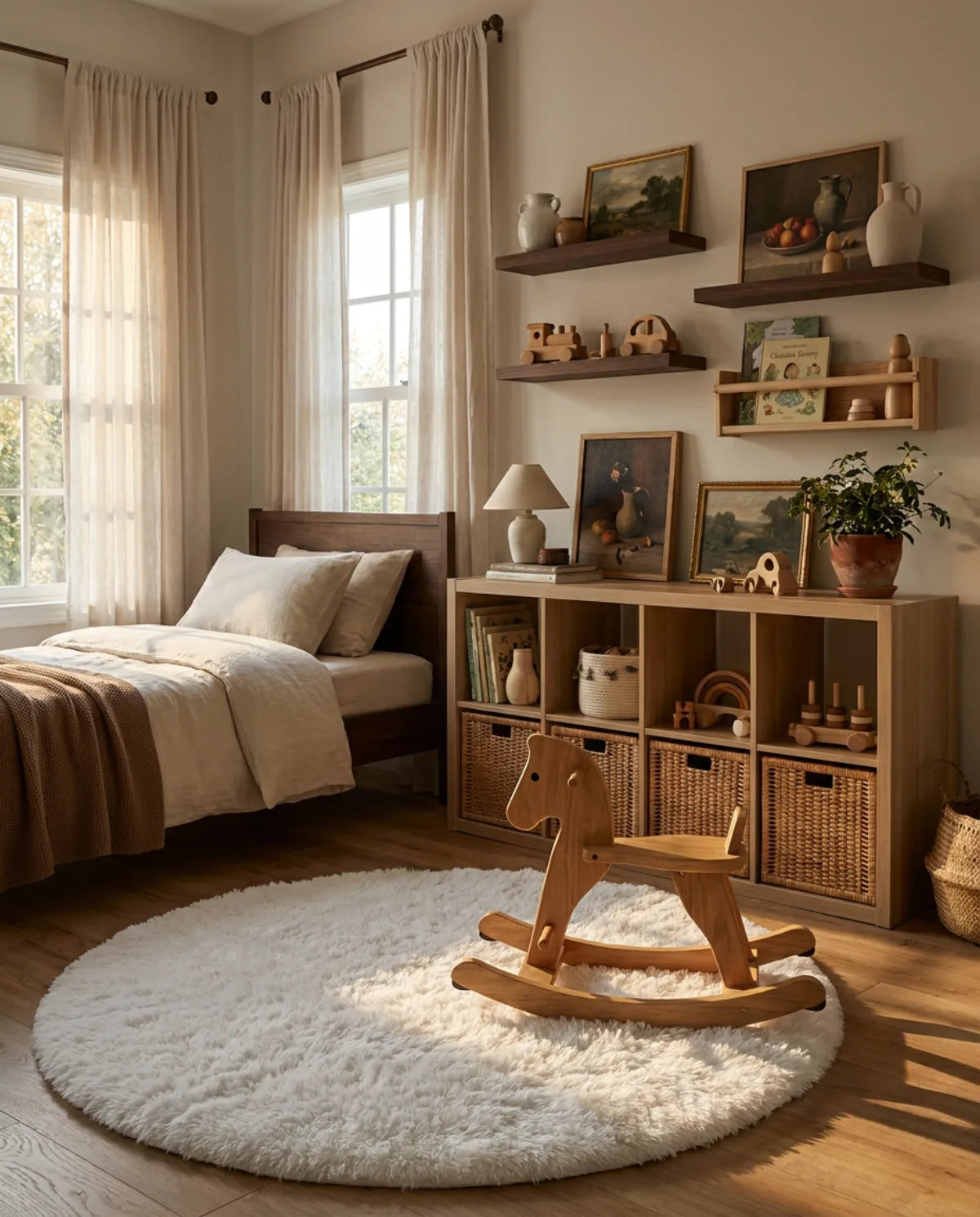 Tapis rond blanc poil long dans une chambre d'enfant, cheval à bascule posé dessus