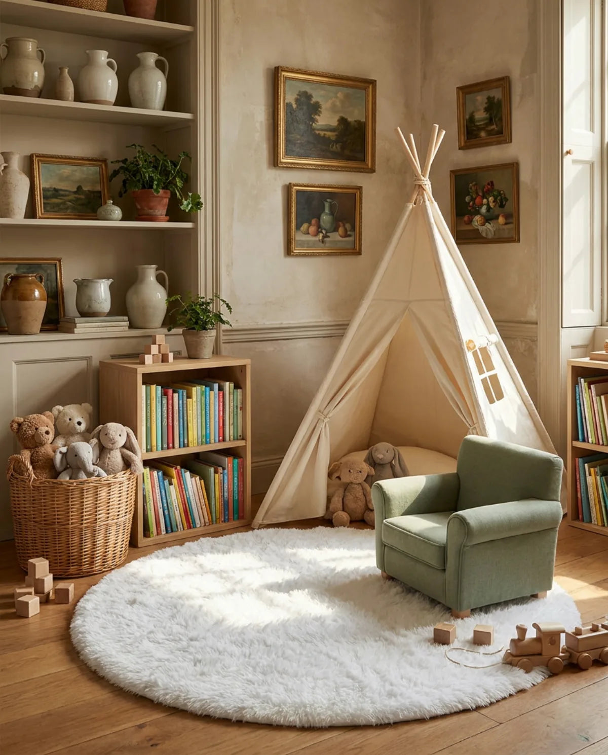 Tapis rond blanc poil long dans un coin lecture avec tipi et fauteuil enfant
