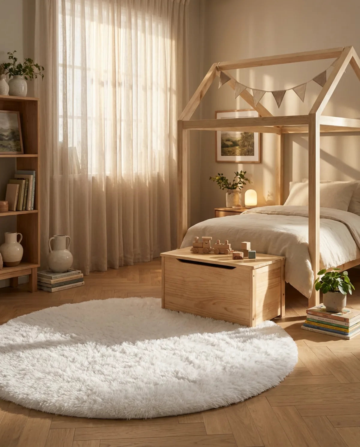 Tapis rond blanc poil long au pied d'un lit cabane, coffre à jouets posé dessus