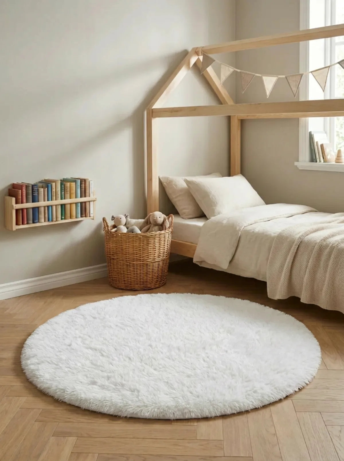 Tapis rond blanc poil long dans une chambre d'enfant