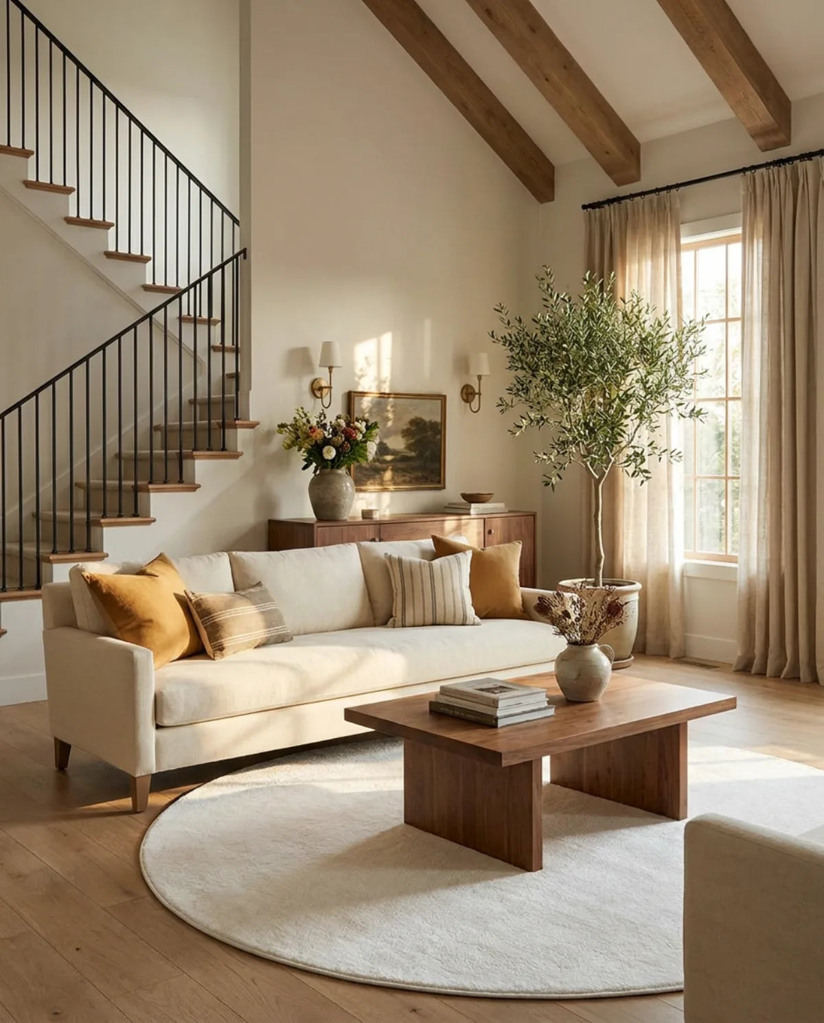 Tapis rond blanc uni peluche douce sous une table basse en bois, dans un grand salon avec escalier
