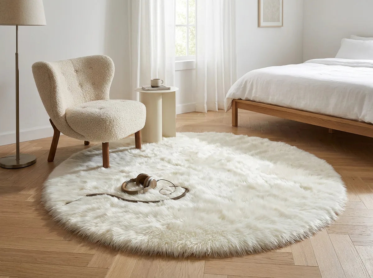 Tapis rond chambre moelleux blanc sous un fauteuil dans un coin lecture de la chambre