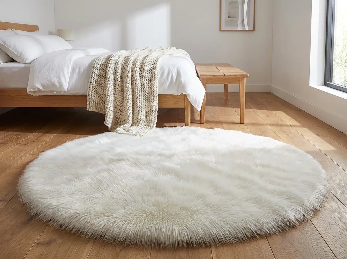 Tapis rond chambre moelleux blanc au pied du lit, devant un banc en bois clair