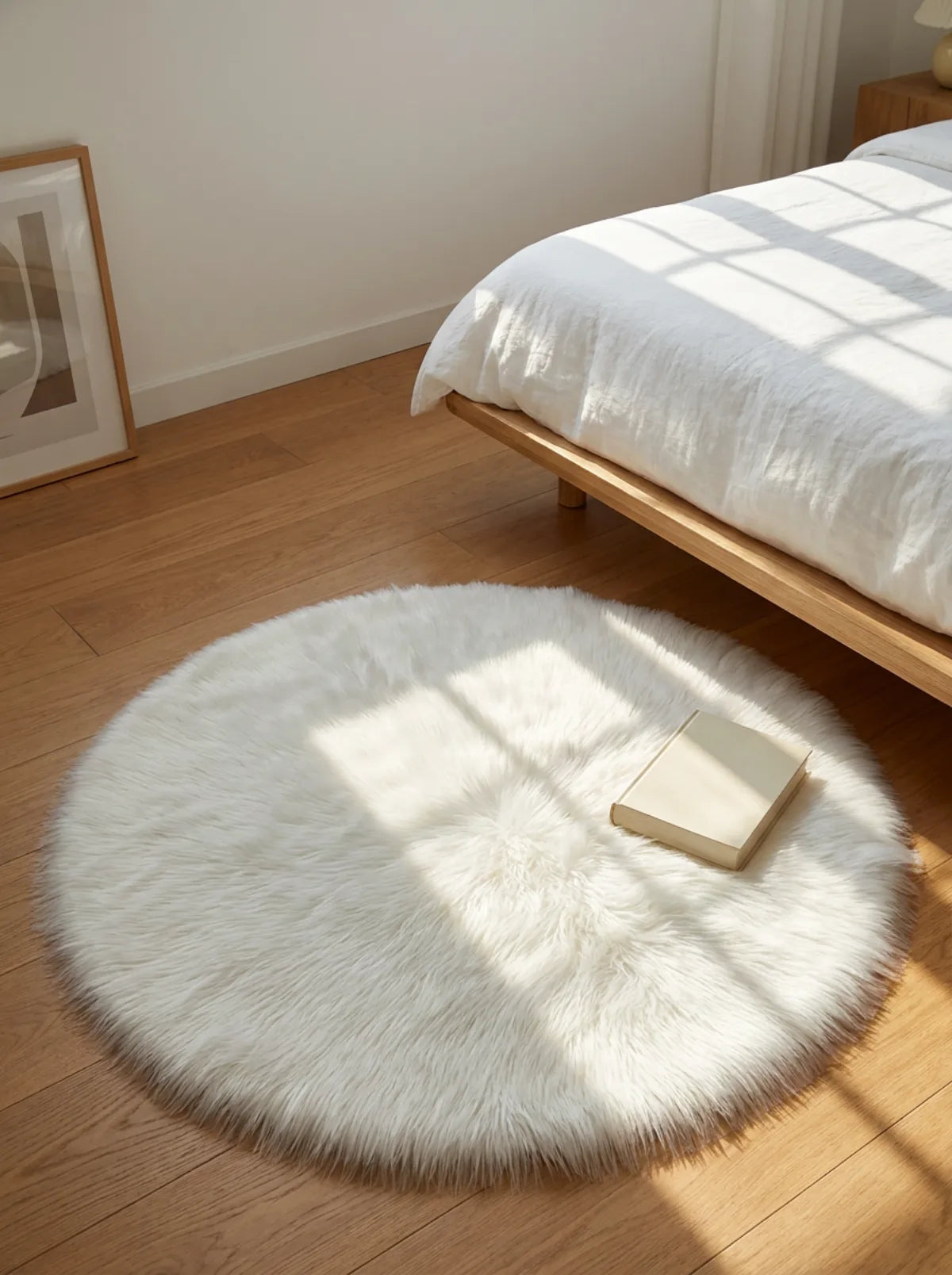 Tapis rond chambre moelleux blanc en descente de lit dans une chambre épurée