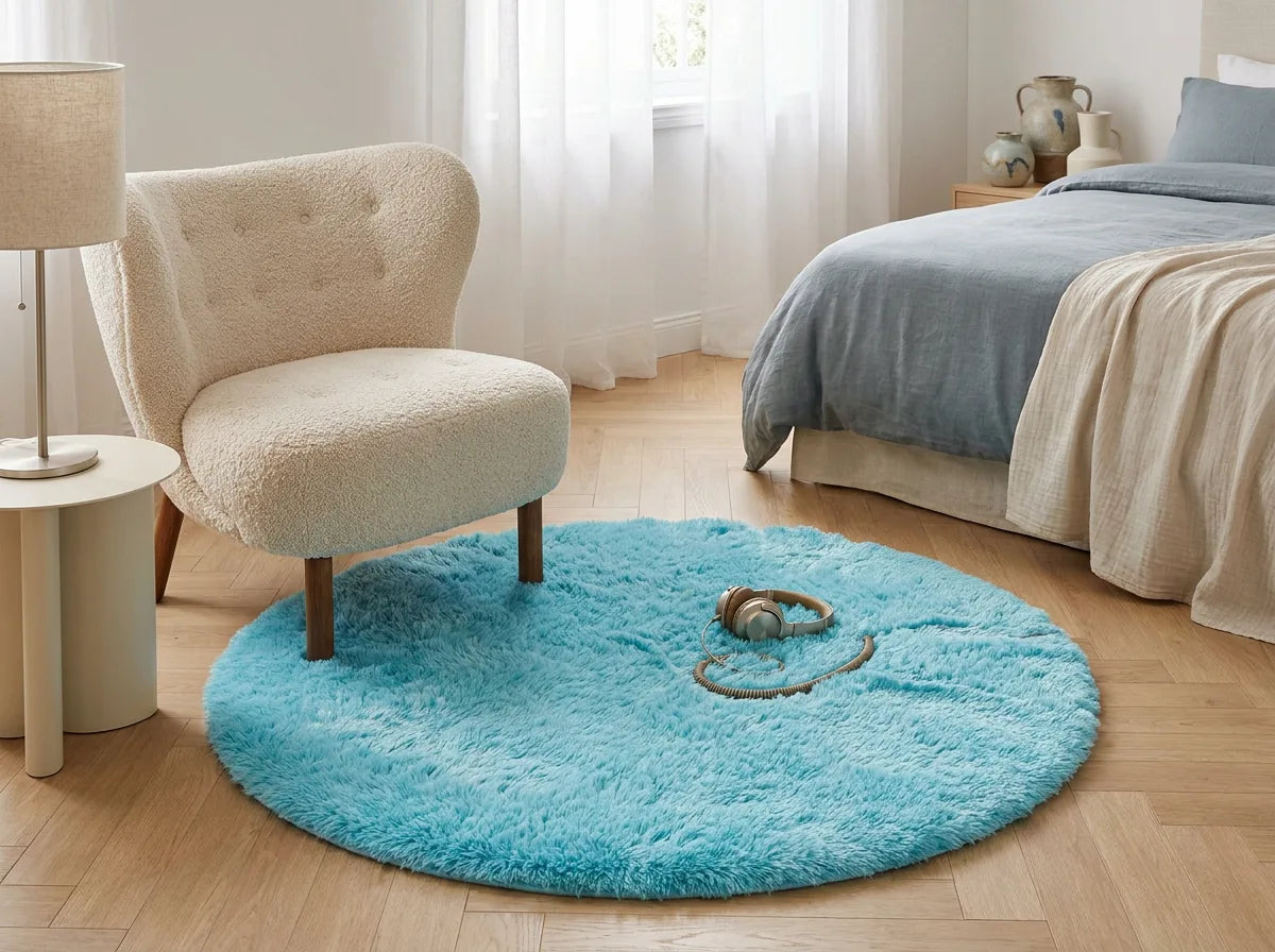 Tapis rond chambre moelleux bleu sous un fauteuil dans un coin lecture de la chambre