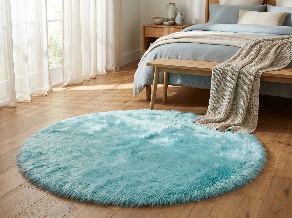 Tapis rond chambre moelleux bleu au pied du lit, devant un banc en bois clair