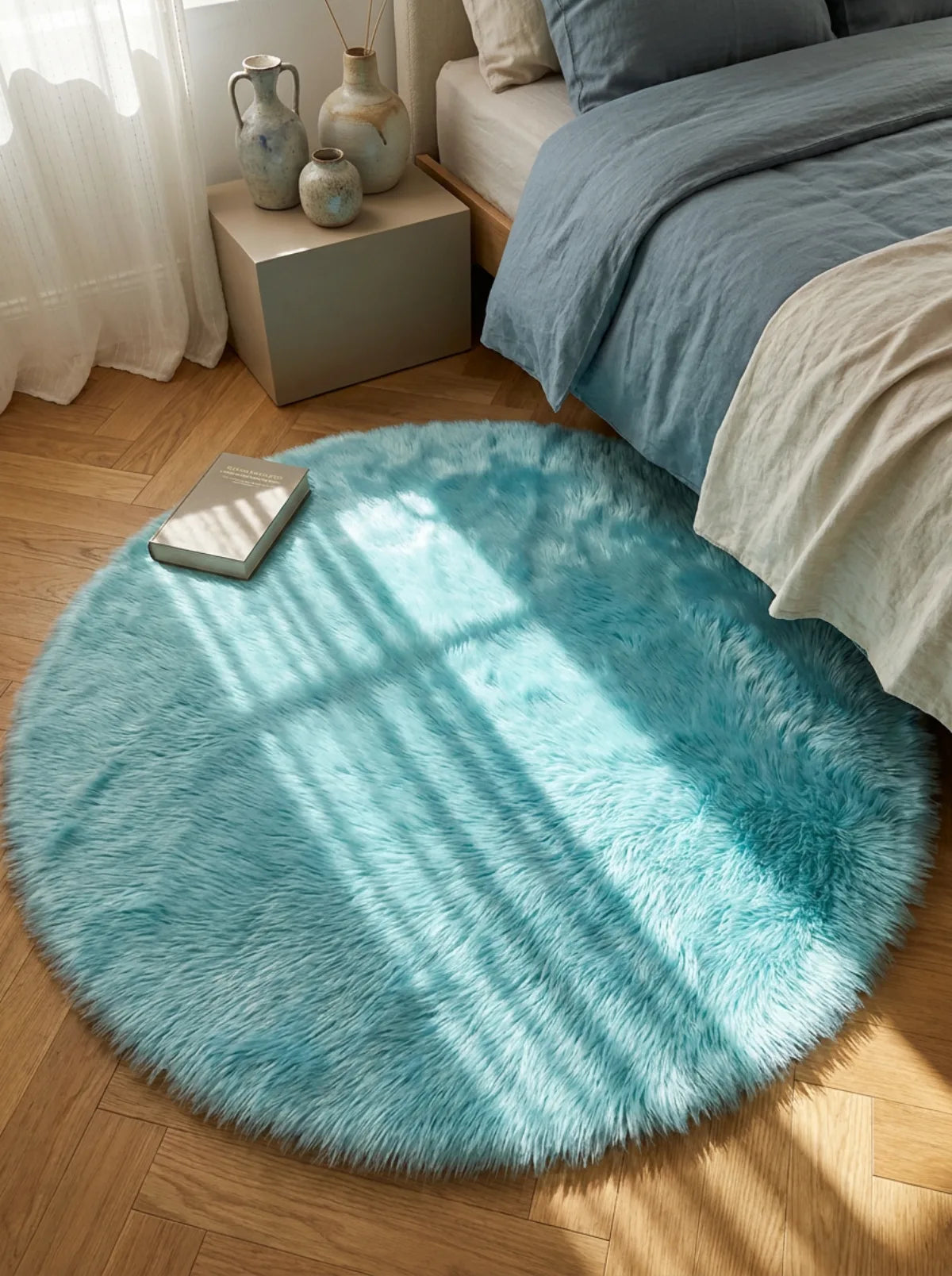 Tapis rond chambre moelleux bleu en descente de lit dans une chambre apaisée