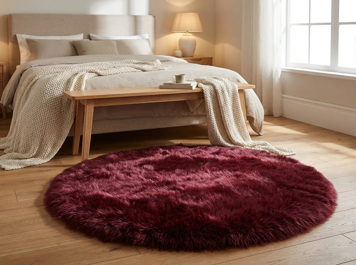 Tapis rond chambre moelleux bordeaux au pied du lit, devant un banc en bois clair