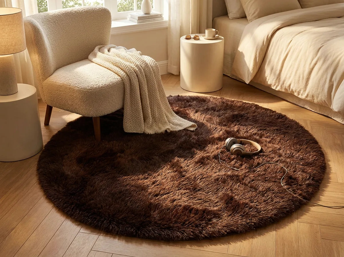 Tapis rond chambre moelleux brun sous un fauteuil dans un coin lecture de la chambre