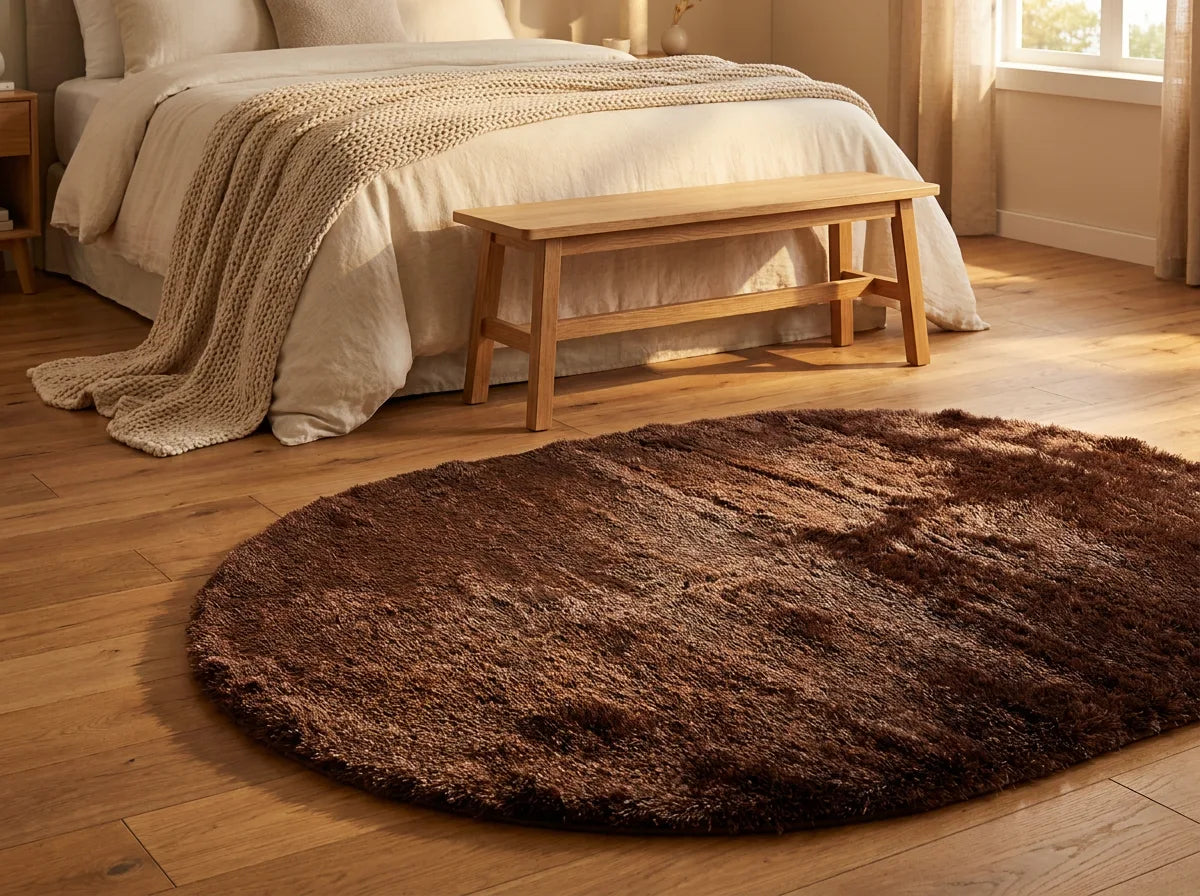 Tapis rond chambre moelleux brun au pied du lit, devant un banc en bois clair