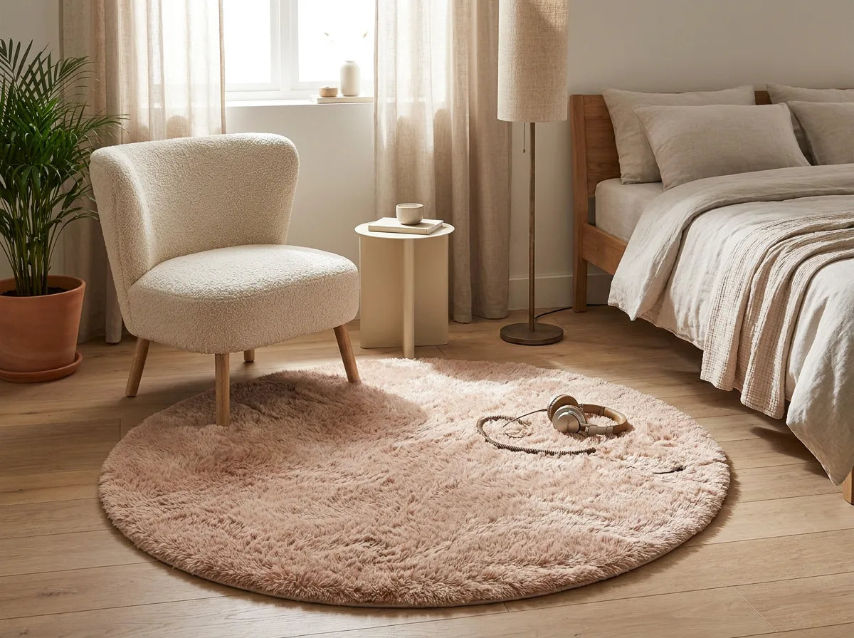 Tapis rond chambre moelleux camel sous un fauteuil dans un coin lecture de la chambre