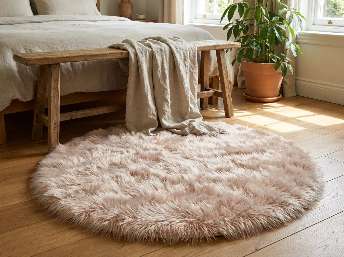 Tapis rond chambre moelleux camel au pied du lit, devant un banc en bois clair
