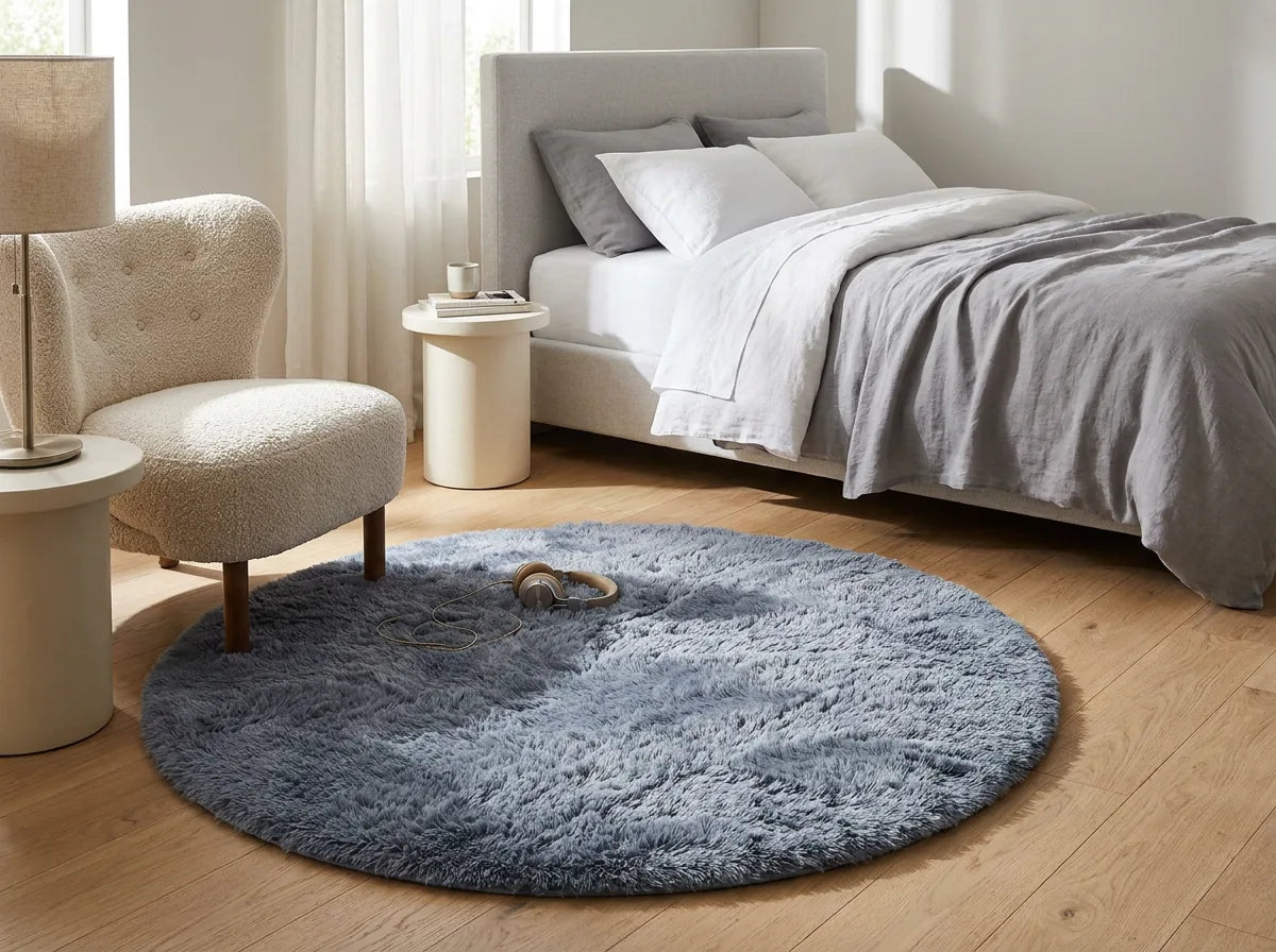 Tapis rond chambre moelleux gris sous un fauteuil dans un coin lecture de la chambre