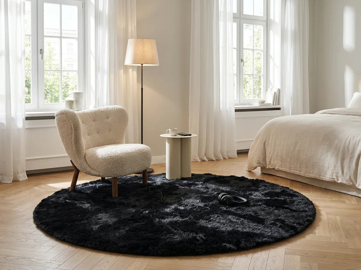 Tapis rond chambre moelleux noir sous un fauteuil dans un coin lecture de la chambre