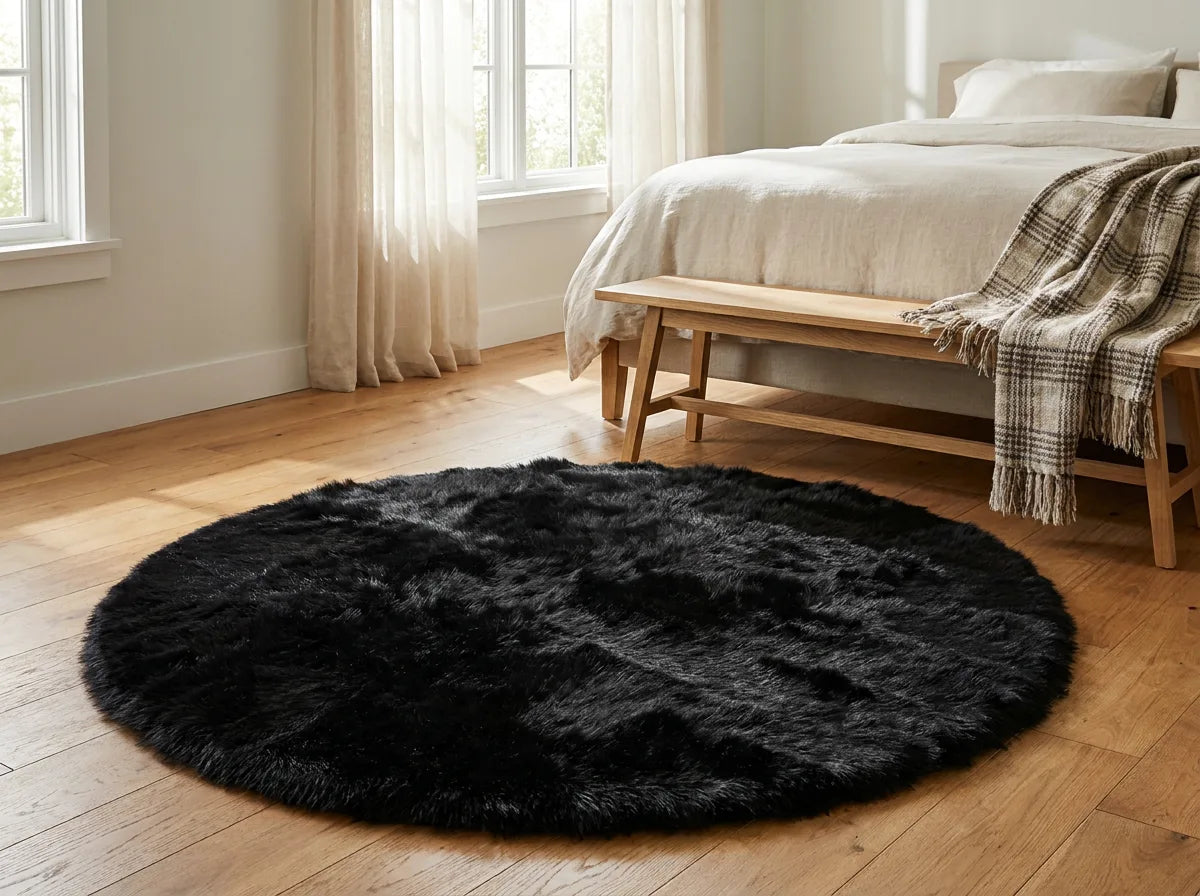 Tapis rond chambre moelleux noir au pied du lit, devant un banc en bois clair
